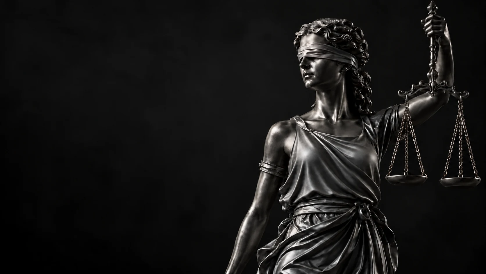 A silver Lady Justice sculpture against a dark background